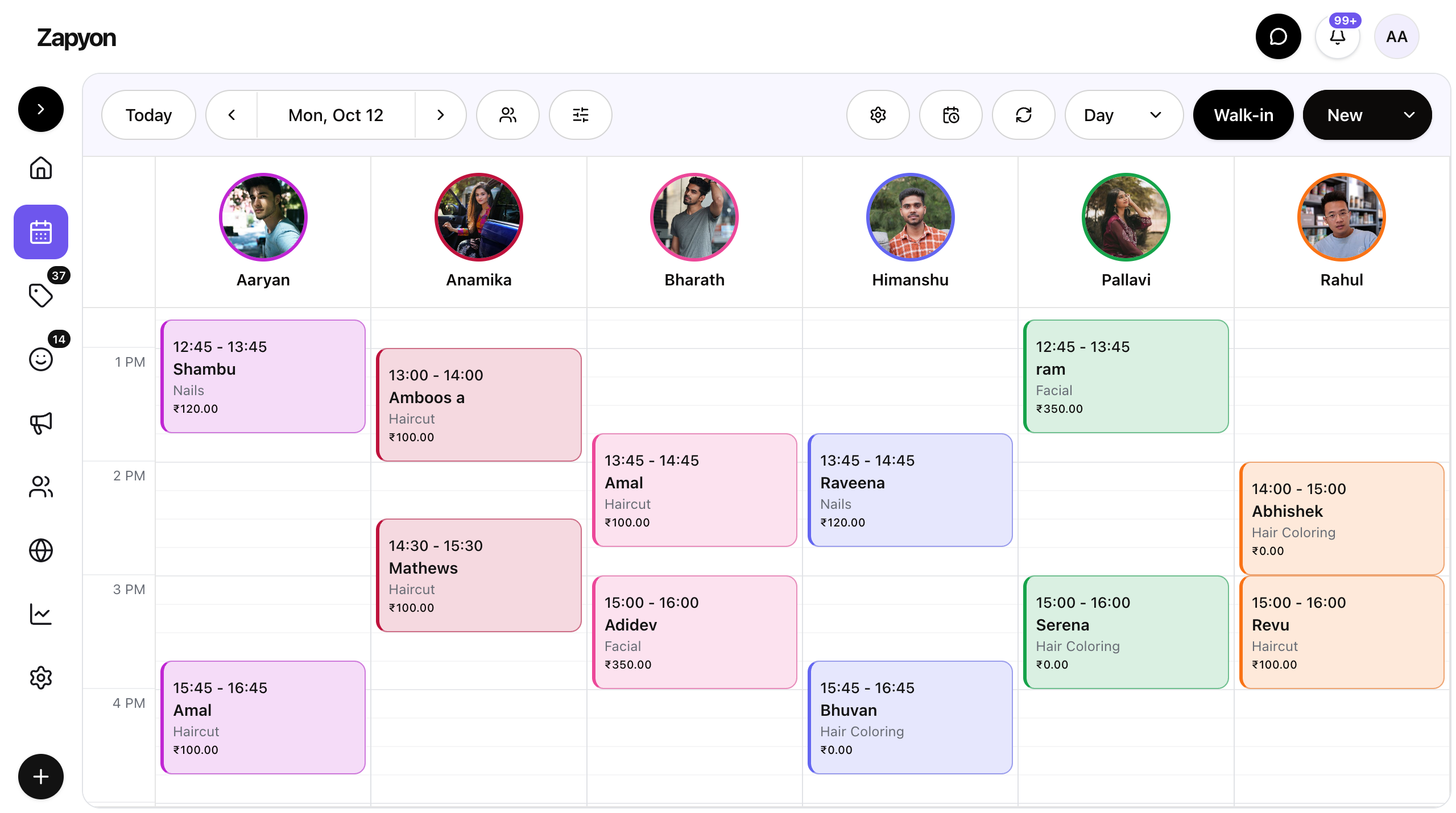 Zapyon business dashboard showing a team's daily appointment schedule