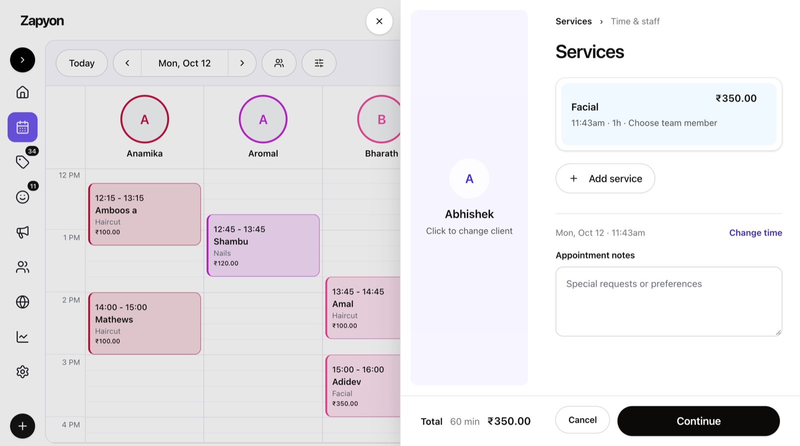 Zapyon service selection and appointment booking workspace